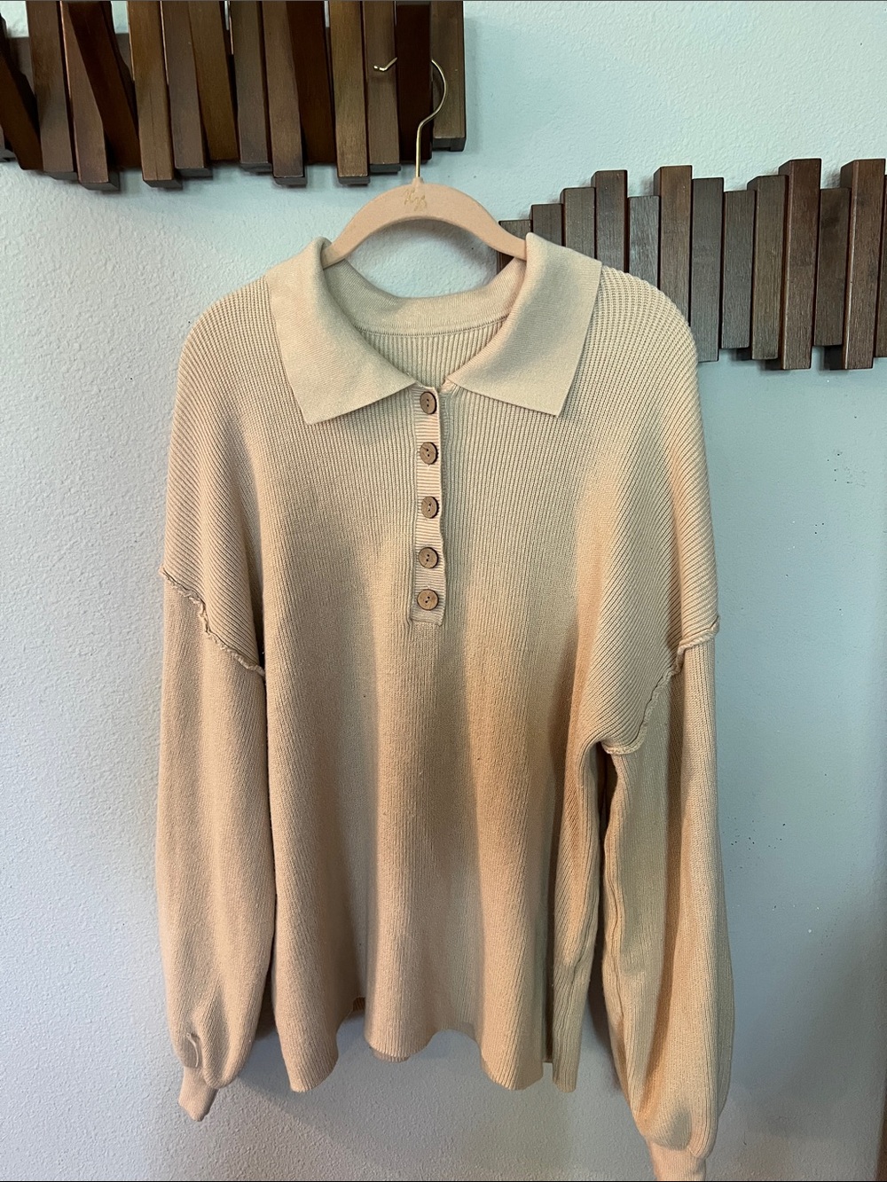 Source Unknown Beige Collared Button-Front Knit Sweater